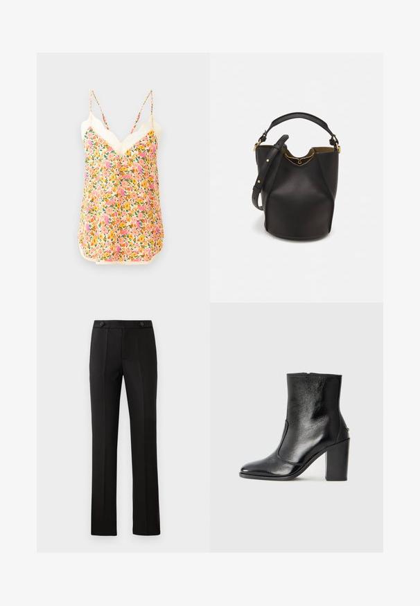 Top de alças florido apresenta um padrão vibrante de flores em rosa, laranja e amarelo, com alças ajustáveis e um acabamento de renda decorativa na gola.; Calças pretas ajustadas com perna reta, dois bolsos frontais, fecho com botão e detalhes de pregas na parte da frente. Textura de tecido suave.; Bota ankle preta em pele com uma textura suave, bico fino e um salto alto robusto. Apresenta uma abertura lateral e um design minimalista.; Saco de mão em pele preta com acabamento texturizado, detalhes em ouro e parte superior aberta. Apresenta uma pega curta e uma alça de ombro ajustável.