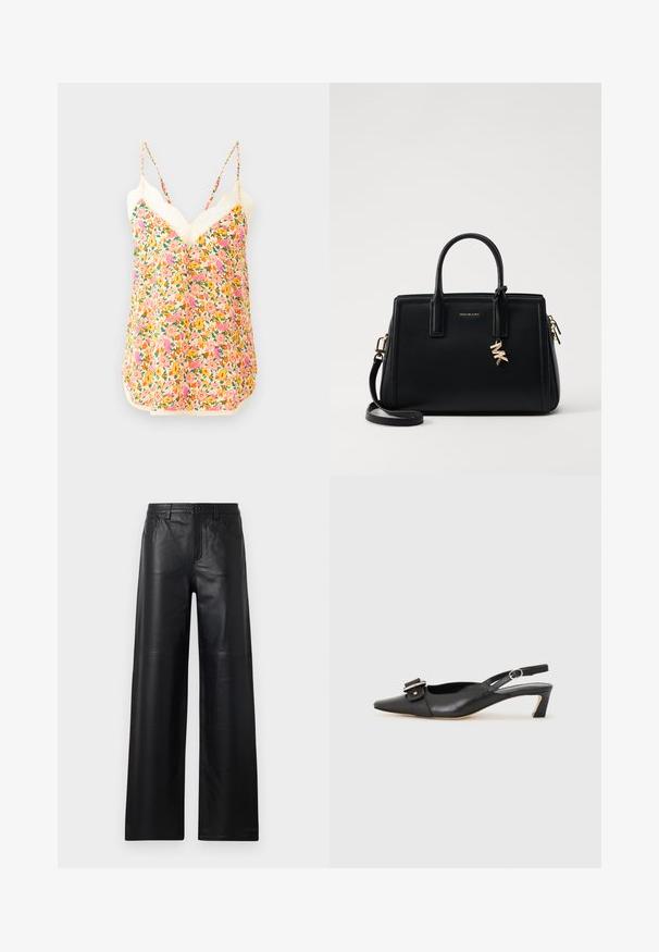 Kvetinové tielko má živý vzor s ružovými, oranžovými a žltými kvetmi, nastaviteľné ramienka a ozdobný čipkový lem na dekolte.; Čierne kožené nohavice s širokými nohavicami a hladkou textúrou, s prednými vreckami, zapínaním na gombík a jemnými švovými detailmi.; Čierne kožené sandále s úzkym prstom, malým opätkom a dekoratívnou sponou na vrchnej časti. Hladká textúra, minimalistický dizajn.; Čierna kožená kabelka so štruktúrovaným dizajnom, dvojitými hornými uchami, odnímateľným ramenným popruhom, zlatými kovovými detailmi a akcentom logového prívesku.