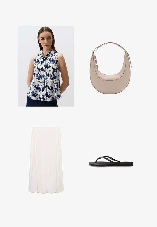 Blusa senza maniche in tessuto leggero con un motivo floreale blu, blu navy e bianco. Design con bottoni e colletto a punta.; Gonna bianca alla lunghezza del ginocchio con un design morbido e fluido. Stile semplice senza motivi visibili o dettagli hardware.; Infradito neri con suola in gomma testurizzata, due cinghie sottili e un sottile dettaglio del logo impresso sulla cinghia.; Borsa a spalla in pelle beige con forma a mezzaluna, texture liscia e un'unica maniglia curva. Presenta una chiusura con zip e cuciture curate.