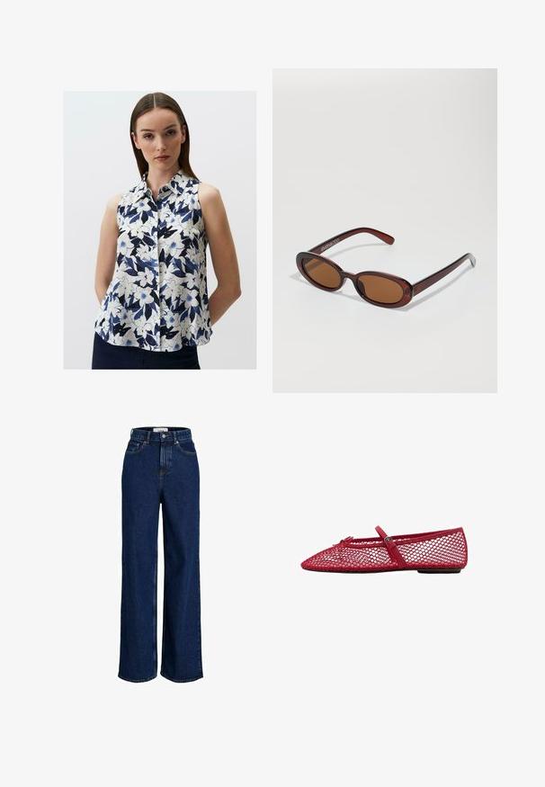 Ärmellose Bluse aus leichtem Stoff mit floralem Muster in Blau, Marineblau und Weiß. Mit Knopfleiste und spitzem Kragen.; Hochgeschnittene, dunkelblaue Jeans aus Denim mit weitem Bein, Knopfverschluss vorne und fünf Taschen.; Rote Netz-Ballerinas mit spitzem Zehenbereich, ausgestattet mit einem dünnen Riemen und Schnallen-Detail. Das Obermaterial hat ein offenes Wabenmuster.; Runde, braun getönte Sonnenbrillen mit einem glänzenden burgunderfarbenen Rahmen. Schlanke Bügel mit dezentem Branding. Flaches Linsendesign.