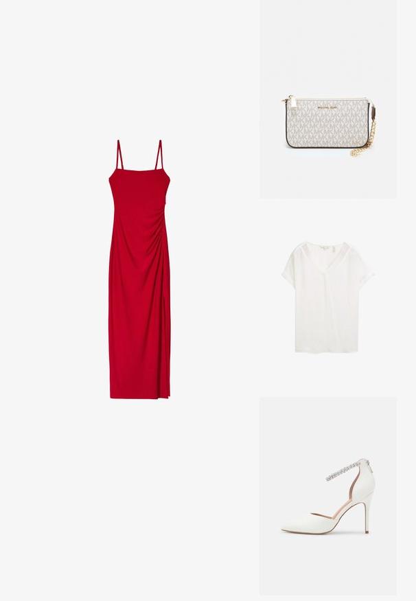Haut blanc à manches courtes avec un col en V, fabriqué en tissu léger. Présente des manches retroussées et une coupe décontractée, avec une texture lisse.; Robe rouge sans manches avec des bretelles spaghetti, présentant une silhouette ajustée et des détails drapés sur le côté pour une texture et un intérêt visuel.; Chaussure à talons hauts blanche avec un design à bout pointu, en cuir, avec une sangle ajustable à la cheville ornée de strass et un talon stiletto fin.; Porte-monnaie Michael Kors en toile enduite beige avec un motif répété de logo MK, des accessoires en or et une bandoulière en chaîne amovible.