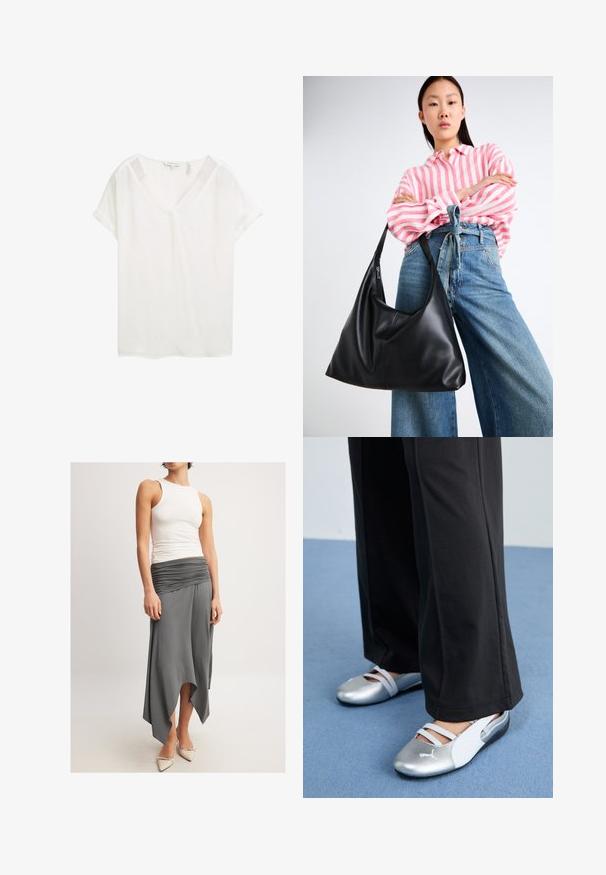 Biely krátky rukáv s výstrihom do V, vyrobený z ľahkej tkaniny. Má rolované rukávy a voľný strih, s hladkou textúrou.; Bezramenný biely top v kombinácii s voľnou šedou sukňou so zberaným pásom a asymetrickým lemom. Modelka má na sebe béžové topánky na podpätku.; Strieborné a biele ploché topánky s krížovými remienkami a textúrovanými detailmi, doplnené voľnými čiernymi nohavicami. Umiestnené na modrej podlahe.; Čierna kožená taška cez rameno s uvoľneným tvarom a detailmi švov. Model má na sebe ružovú a bielu prúžkovanú košeľu a široké modré džínsy.