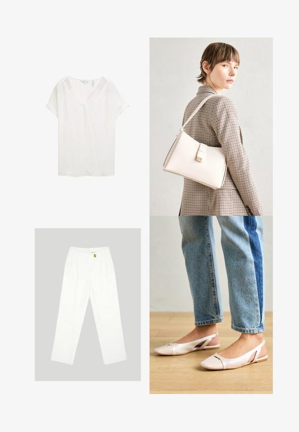 Balta trumpa rankovėmis palaidinė su V formos iškirpte, pagaminta iš lengvos medžiagos. turi pasuktas rankoves ir laisvą siluetą, su sklandžiu paviršiumi.; Balti, plačių kojų kelnės, pagamintos iš sklandžios medžiagos. Žalioje kelnėje yra vienas geltonas mygtukas uždarymui ir raukšlėtas priekinis dizainas. Jokių matomų kišenių.; Šviesiai rožiniai slingback baleto bateliai su smailiu pirštu, pagaminti iš lygios odai panašios medžiagos. Yra išpjovimų detalės šonuose ir plokščias kulnas.; Balto odos rankinė su struktūrizuotu dizainu, turinti magnetinį užsegimą ir petnešą, demonstruojama prieš neutralią foną.