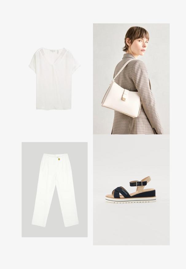 Top blanco de manga corta con cuello en V, confeccionado en tejido ligero. Presenta mangas enrolladas y un ajuste holgado, con una textura suave.; Pantalones blancos de pierna ancha hechos de una tela suave. Presenta un cierre con un solo botón amarillo y un diseño con pliegues en la parte delantera. Sin bolsillos visibles.; Sandalia azul marino con dos tiras de tela, correa de tobillo ajustable y parte trasera beige texturizada. Suela gruesa blanca con borde festoneado. Marca impresa en la tira.; Bolso de mano de cuero blanco con un diseño estructurado, que presenta un cierre magnético y una correa para el hombro, exhibido sobre un fondo neutro.
