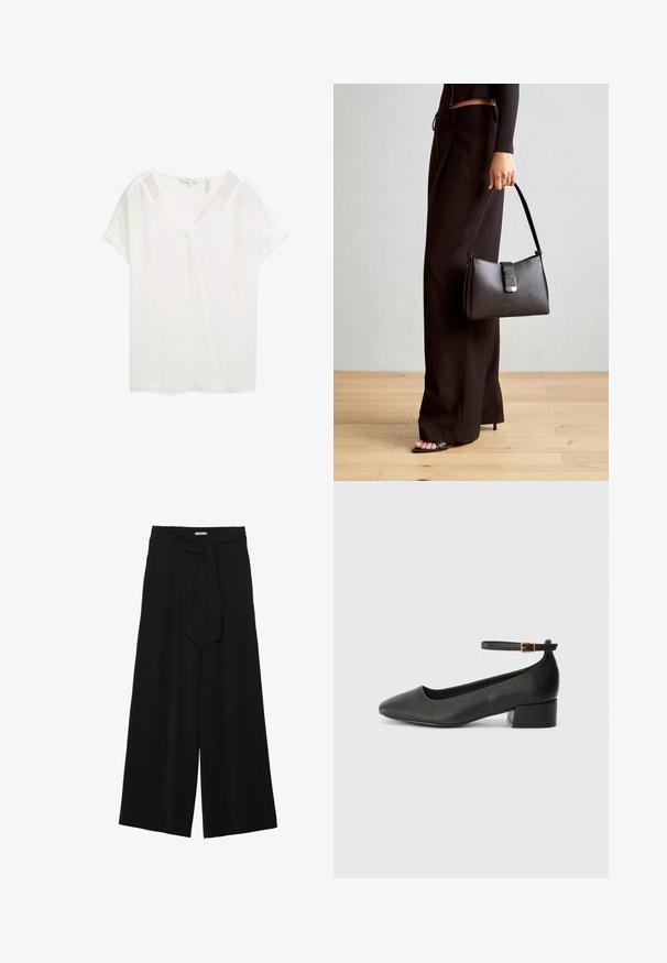 Vit kortärmad topp med V-ringning, gjord av lättviktigt material. Har uppvikta ärmar och en avslappnad passform, med en mjuk textur.; Svarta vida byxor med texturerad tyg, elastisk midja och en avtagbar käppknut i midjan för justerbar passform.; Svart läderpump med spetsig tå och en låg klack. Har en ankelsnodd med en guldtonad spänne. Slät textur.; Svart handväska med strukturerad form, slät yta och metallspänne. Matchad med vida svarta byxor och sandaler med öppen tå på trägolv.