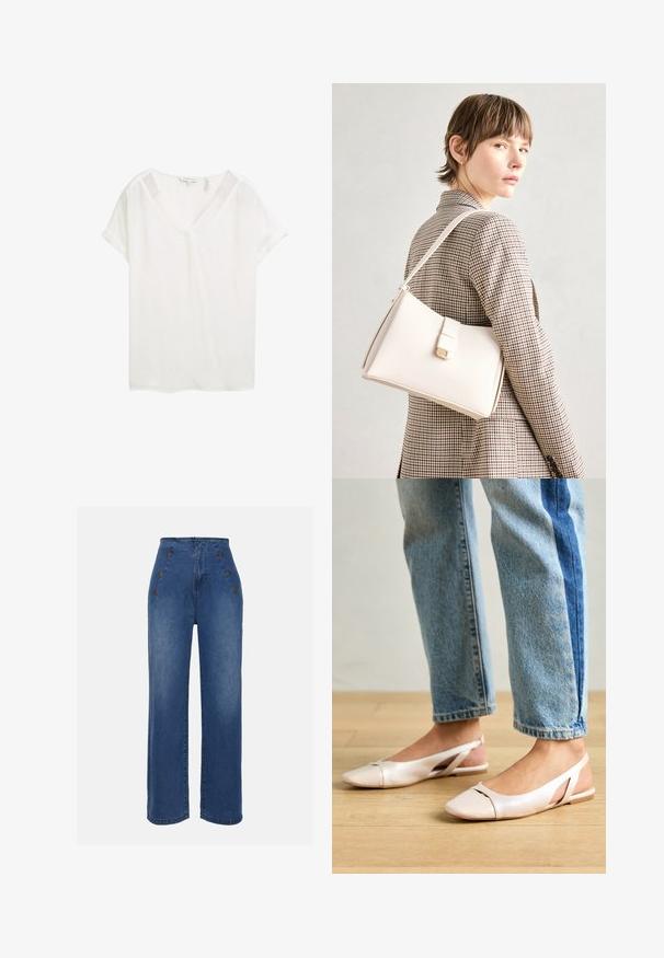 White short-sleeve top with a V-neck, made of lightweight fabric. Features rolled sleeves and a relaxed fit, with a smooth texture.; High-waisted denim jeans in medium blue. Features front button accents and wide-leg design. Fabric has a smooth texture with slight fading.; Pale pink slingback flats with a pointed toe, made from a smooth leather-like material. Features cut-out details at the sides and a flat heel.; White leather handbag with a structured design, featuring a magnetic clasp and a shoulder strap, showcased against a neutral background.