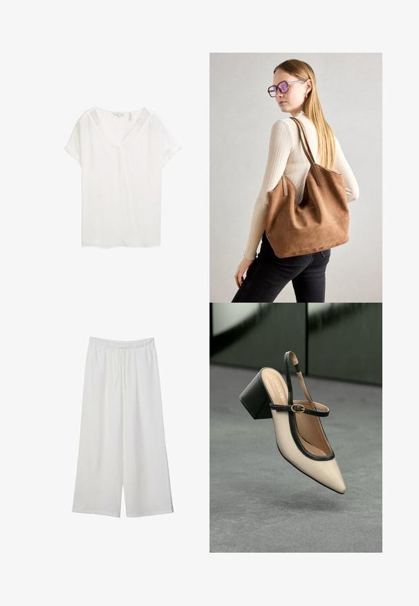 Witte top met korte mouwen en een V-hals, gemaakt van lichtgewicht stof. Kenmerkt zich door opgerolde mouwen en een relaxte fit, met een gladde textuur.; Witte wijde broek van lichtgewicht stof, met een elastische tailleband en een trekkoord voor een verstelbare pasvorm. Glad texture.; Beige puntige slingback schoen met zwarte rand, gouden gesp en een chunky blokhak op een grijze vloer met een donker groene achtergrond.; Bruine suède totebag met zachte textuur, grote opening en lange hengsels. Het heeft een eenvoudig ontwerp met zichtbare stiksels en geen hardware.