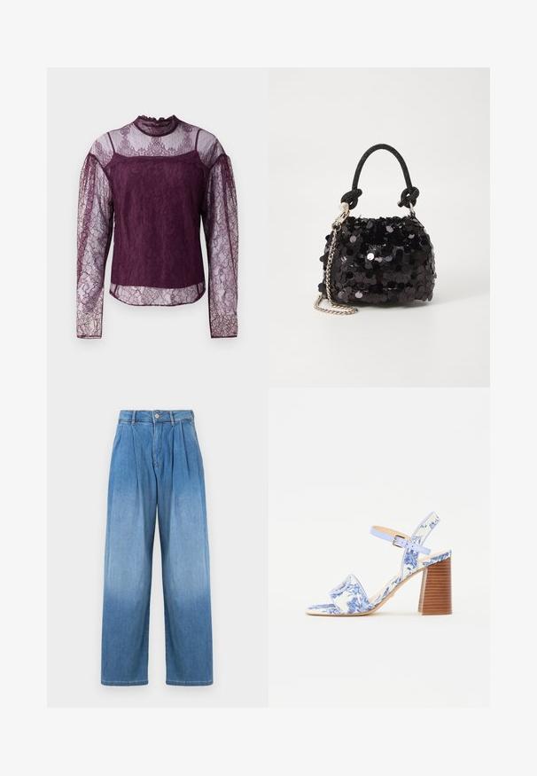 Lillafarget bluse med lange ermer i blonder, med gjennomsiktige seksjoner på ermene og øvre bryst, med høy hals og intrikate blomstermønstre.; Lyseblå denimbukser med høy livhøyde, avslappet vide ben og frontfolder. Har knapp- og glidelås-lukking.; Blå blomstermønstret sandal med firkantet tå, bred stropp og justerbar ankelstropp, med en teksturert treblokkhelt.; Svart paljettmini-veske med en knyttet teksturert stropp og sølvkjede. Rund form med samlet topp og reflekterende detaljer.