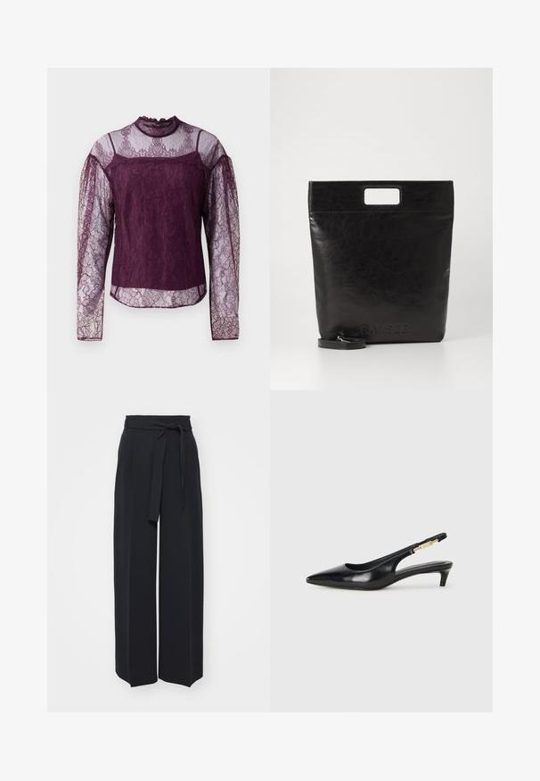 Blusa lunga a maniche con pizzo viola, con sezioni trasparenti sulle maniche e sulla parte superiore del petto, dotata di un collo alto e intricati motivi floreali.; Pantaloni neri a gamba larga realizzati in tessuto morbido. Caratterizzati da una vita con cintura e pieghe frontali. Texture liscia con un design pulito e contemporaneo.; Tacchi slingback in pelle nera con punta affusolata, caratterizzati da un tacco alto e un accento dorato sulla cinghia regolabile. Texture liscia.; Borsa tote in pelle nera con manico quadrato, caratterizzata da una finitura testurizzata e logo impresso. Include una tracolla rimovibile.