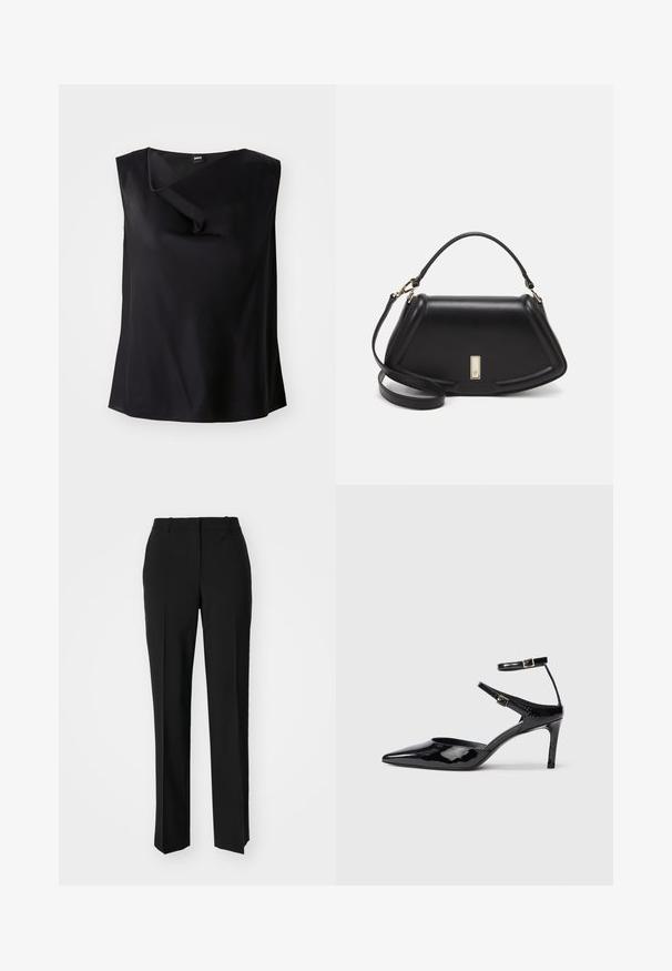 Melna bezpiedurkņu bluze, izgatavota no satīna auduma, ar drapētu dekoltē un brīvu piegriezumu ar izliekumu apakšmalā. Minimālisma dizains, nav rakstu.; Melnas pielāgotas bikses ar taisnu kāju dizainu, kas raksturojas ar gludu faktūru un asiem krokām pa priekšu. Nav redzamu metāla detaļu.; Melnas lakuotas ādas apavus ar smailu purngalu, regulējamiem potīšu siksniņām un šahtu papēdi. Gluda tekstūra ar spīdīgu apdari.; Melnas ādas roku soma ar struktūru, ar īsu formu, augšējo rokturi un zelta aksesuāriem. Iekļauta regulējama plecu siksna.