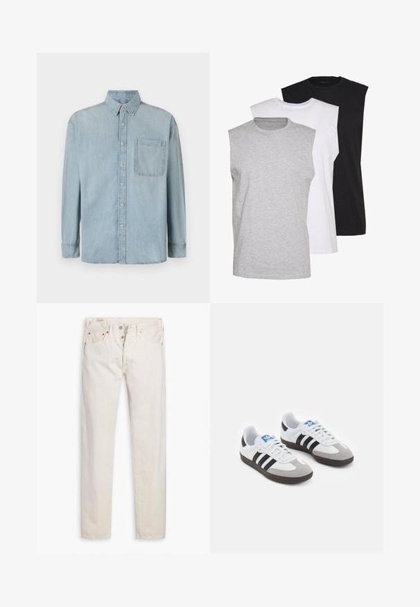 Jasnoniebieska koszula dżinsowa z długimi rękawami, zapinana na guziki z przodu, z pojedynczą kieszenią na piersi. Ma klasyczny kołnierzyk i standardowe mankiety.; Trzy bezrękawniki w kolorach szarym, białym i czarnym. Wykonane z miękkiej bawełny, z okrągłym dekoltem i luźnym krojem. Prosty design, bez wzorów.; Beżowe dżinsy o wysokim stanie, slim fit, z zapięciem na guziki, pięcioma kieszeniami i miedzianymi nitami, ułożone płasko na białym tle.; Buty sportowe z białą skórzaną cholewką, szarym zamszowym noskiem i trzema czarnymi paskami. Posiadają niebieskie logo na języku oraz teksturowaną gumową podeszwę.
