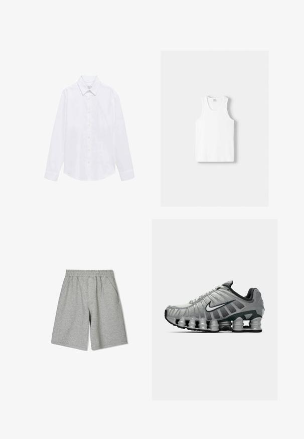 Biała koszula z długim rękawem z bawełny. Posiada kołnierzyk w szpic, zapięcie na guziki i pojedyncze mankiety. Minimalistyczny design bez wzorów.; Biały bawełniany top na ramiączkach z okrągłym dekoltem, szerokimi ramiączkami i prostym dołem, charakteryzujący się gładką teksturą i brakiem widocznych wzorów.; Szare bawełniane szorty z elastycznym pasem, posiadające boczne kieszenie i luźny krój. Gładka tekstura i długość do kolan.; Szare i czarne buty biegowe Nike z widocznym, sprężystym tłumieniem pod podeszwą oraz białym logo swoosh po boku.