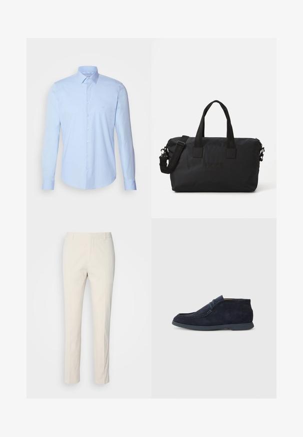 Šviesiai mėlynas džinsinis marškinėliai iš medvilnės, su klasikiniais apykaklėmis, ilgomis rankovėmis ir mažomis logotipais krūtinėje. Lygus paviršius.; Kreminės spalvos pritaikytos kelnės su tekstūruotu audiniu. Pasižymi tiesiomis kojomis, dirželių kilpomis ir dviem priekinėmis kišenėmis. Be raštų.; Jūros laivyno zomšiniai chukka batai su apvaliu nosiu ir siuvinėjimo detalėmis. Savybės: lygus gumos padas ir minimalistinis dizainas be matomo prekės ženklo.; Juodas nailono kertinis krepšys su dviem viršutiniais rankenomis ir nuimamąja petine juostele. Yra iškilus logotipas ir lygus paviršius su užtrauktuku.