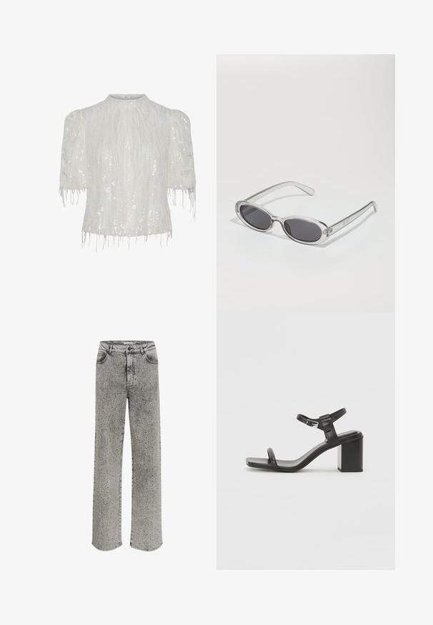Hvit bluse med korte pufferm, med vertikale paljettmønstre og frynsedetaljer langs kanten for ekstra tekstur.; Grå denimjeans med rett bendesign, prydet med sølvnagler overalt. Har en klassisk fem-lomme stil og knappefeste.; Sorte lærblokkhæl sandal med en bred rem over tærne og en justerbar ankelrem, med et stilrent, minimalistisk design.; Solbriller med oval form, klar plastramme, mørkegrå linser og tynne gjennomsiktige armer med logopunksjoner og minimal detaljering.