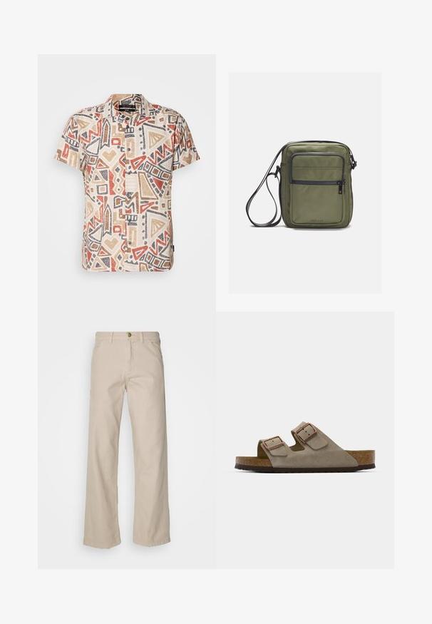 Camicia a maniche corte con sfondo beige e motivi geometrici in rosso, marrone e nero; chiusura con bottoni, tessuto leggero.; Pantaloni beige in cotone a gamba larga con cinque tasche, chiusura a bottone e passanti per la cintura; texture liscia con taglio dritto e orlo.; Infradito in suede grigio chiaro con due fibbie regolabili, un sottopiede in sughero e una suola in gomma strutturata.; Borsa a tracolla verde oliva con superficie liscia, dotata di una tasca anteriore con zip e tracolla regolabile. Realizzata in nylon resistente.