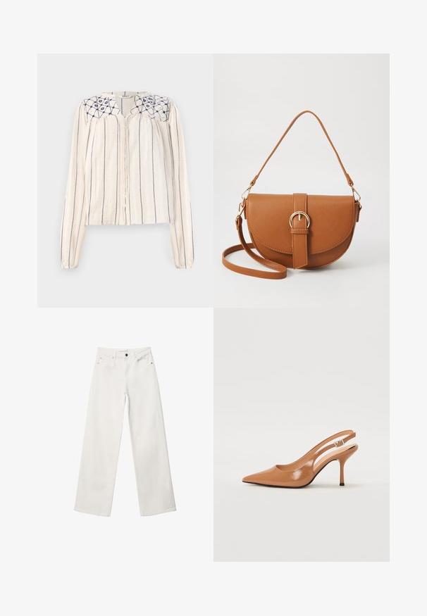 Beige halenka s dlouhým rukávem a námořnickými vertikálními pruhy, zapínání na knoflíky vpředu a vyšitým květinovým vzorem na výstřihu. Texturovaná látka.; Bílé široké džíny vyrobené z denimu, s vysokým pasem, pětičkovým designem a uzavíráním na kovový knoflík. Hladká textura, bez vzorů.; Sandy poprsko s úzkým podpatkem v hladkém, lesklém odstínu tan. Obsahuje zakřivený design s výřezem a štíhlý jehlový podpatek. Detail se stříbrnou sponou.; Hnědá kožená křížová taška s zakřiveným tvarem, zlatými detaily a akcentem s přezkou. Obsahuje odnímatelný popruh na rameno.