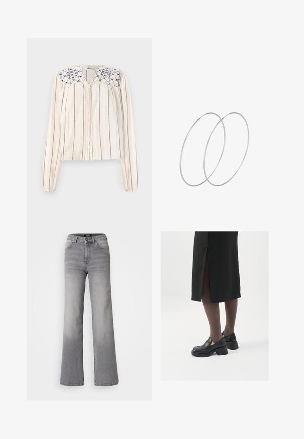 Beige long-sleeve blouse with navy vertical stripes, button front, and embroidered floral design on the neckline. Textured fabric.; High-waisted straight-leg gray denim jeans with front button and zipper, front and back pockets, and faded shading on thighs and calves.; Black leather shoes with a rounded toe, thick block heel, and elastic side accents, paired with dark tights and a black skirt with a slit.; Silver hoop earrings with a minimalist design. Circular shape, smooth texture, and thin profile. Lightweight with a polished finish.