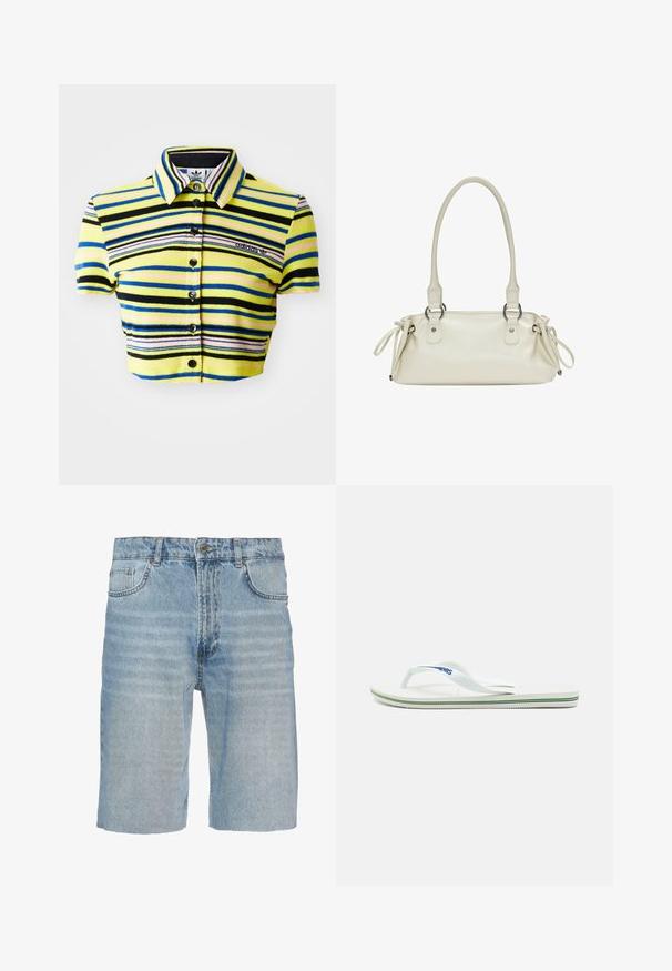 Rövidített polo póló sárga, fekete, kék és rózsaszín vízszintes csíkokkal. Elején gallérral, rövid ujjakkal és gombos záródással rendelkezik. Adidas logó található rajta.; Világoskék farmer rövidnadrág, klasszikus öt zsebes kialakítással, gombos záródással, egyenes szabással és finom kopás hatással az anyagon.; Fehér papucs texturált talpbetéttel, vékony pántokkal és sokszínű díszcsíkkal a talpon. A pánton logó található.; Beige bőr kézitáska sima felülettel, kettős, kerek fogantyúkkal és állítható kötőfékekkel mindkét oldalon. Ezüst színű fémalkatrészekkel rendelkezik.