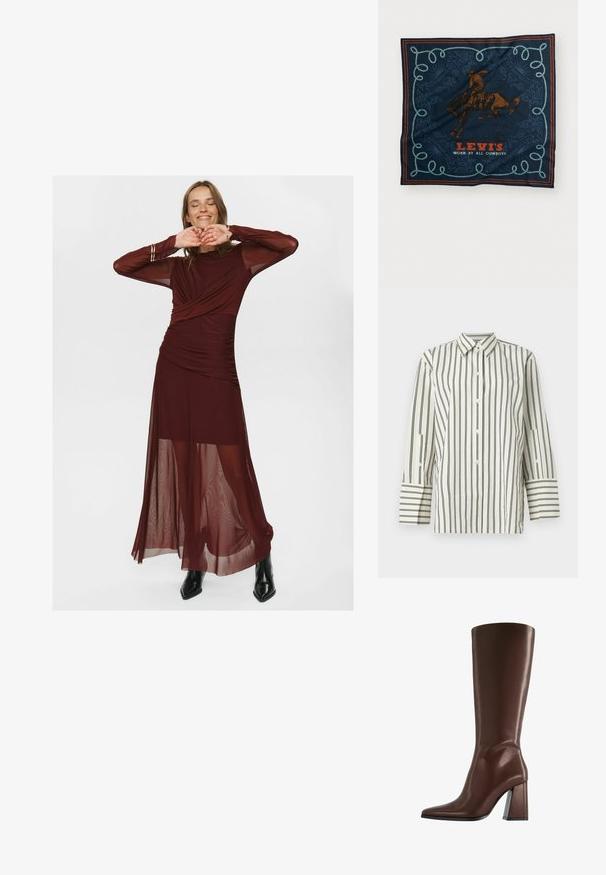 Košela s golierom a gombíkmi v krémovej farbe s vertikálnymi čiernymi pruhmi. Má dlhé rukávy s kontrastnými pruhovanými manžetami a textúrovanú tkaninu.; Dlhé bordové šaty vyrobené z priesvitnej a hladkej látky, s obopnutým živôtikom, nariasenými detailami a priesvitnými dlhými rukávmi.; Hnedá kožená členková čižma s špicatou špičkou a hrubým stredne vysokým podpätkom zobrazená z profilu na bielom pozadí.; Námornícky hodvábny šál s grafickým motívom jazdca na hnedom koni, dekoratívnym modrým lanovým vzorom a textom „LEVI’S NOSENÉ VŠETKÝMI KOVBOJMI“ v červenej farbe.; Hnedá semišová kabelka s dvoma robustnými rúčkami, obdlžníkovým tvarom a dekoratívnym pásom na prednej strane.