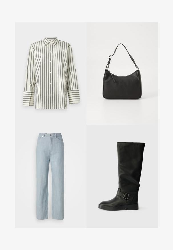 Collared, button-up shirt in cream with vertical black stripes. Features long sleeves with contrasting striped cuffs and a textured fabric.; Light blue straight-leg jeans made of denim. Features five pockets, a metal button closure, and subtle whiskering for texture.; Black knee-high boots made of smooth leather, featuring a rounded toe, a thick sole, and a horizontal strap with a rectangular buckle detail.; Black leather handbag with a curved shape, a single strap, zip closure, and subtle branding on the front. Smooth texture, minimalist design.