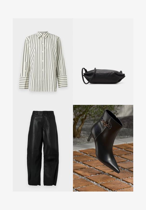 Košela s golierom a gombíkmi v krémovej farbe s vertikálnymi čiernymi pruhmi. Má dlhé rukávy s kontrastnými pruhovanými manžetami a textúrovanú tkaninu.; Čierne kožené nohavice s voľným strihom, so sofistikovaným rovnými nohavicami, prednými vreckami a viditeľnými švami.; Čierna kožená členková obuv s špicatou špičkou a malým podpätkom. Má zlatý reťazový detail na členku. Okolo je textúrovaný kamenný povrch.; Čierna kožená kabelka s obdĺžnikovým tvarom, hladkým povrchom, tenkým popruhom na plece a minimalistickým dizajnom.
