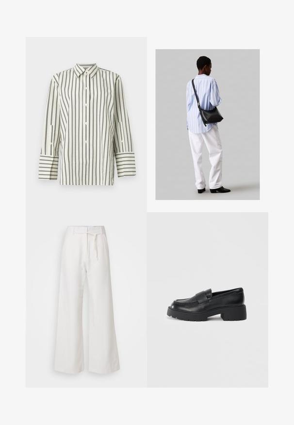 Krém színű, galléros, gombos ing függőleges fekete csíkokkal. Hosszú ujjakkal rendelkezik, amelyek kontrasztos csíkos mandzsettákkal és texturált anyaggal készültek.; DAY Birger et Mikkelsen TERRI SOLID - Nadrágok - cloud cream; Fekete bőr loaferek, textúrált felülettel, a lábfejen egy téglalap alakú pánttal és vastag, barázdált talpformával.; Fekete bőr válltáska puha tapintással, háromszög alakú, állítható pánttal, világoskék csíkos inggel és fehér nadrággal párosítva.
