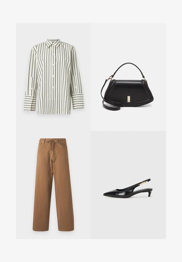 Camicia con colletto e bottoni di colore crema con strisce verticali nere. Presenta maniche lunghe con polsini a strisce a contrasto e un tessuto testurizzato.; Pantaloni larghi marroni in cotone, con vita elasticizzata e due tasche frontali. Tessuto strutturato con una finitura liscia.; Tacchi slingback in pelle nera con punta affusolata, caratterizzati da un tacco alto e un accento dorato sulla cinghia regolabile. Texture liscia.; Borsa a mano in pelle nera con un design strutturato, caratterizzata da una forma corta, manico superiore e accessori in metallo dorato. Inclusa tracolla regolabile.