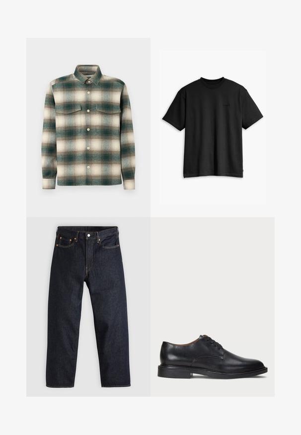 Károvaná košile v odstínech zelené, béžové a hnědé. Vyrobena z texturované látky s knoflíkovým zapínáním a dvěma náprsními kapsami.; Černé bavlněné tričko s kulatým výstřihem a krátkým rukávem. Má decentní logo na přední straně a rovný lem. Jednoduchý a minimalistický design.; Tmavomodré džíny z denimu se straight střihem, pěti kapsami, kontrastním oranžovým šitím a knoflíkovým zapínáním. Žádné viditelné vzory ani ozdoby.; Černé kožené společenské boty s kulatou špičkou, šněrováním a nízkým podpatkem. Hladký povrch s minimálním šitím.