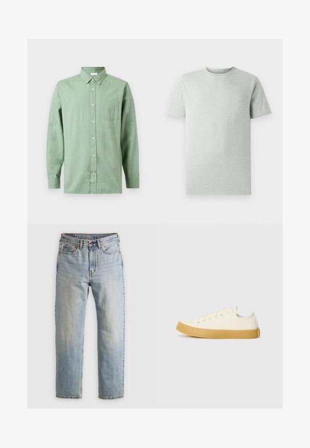 Svetlo zelen srajca z dolgimi rokavi, gumbom na prsih, ovratnikom in bež gumbi na enobarvni podlagi.; Enostavna svetlosiva kratka majica s kratkimi rokavi in krožnim ovratnikom, prikazana na belem ozadju, sprednji pogled brez vidnih logotipov ali vzorcev.; Svetlo modri džins hlače z visokim pasom, sprednjim gumbom, zadrgo in petimi žepi, laid flat na nevtralni podlagi.; Platnene superge v off-white barvi z okroglim nosom, z bež gumijastimi podplati in petimi odprtinami za vezalke, z zrnato površino na zgornjem delu.