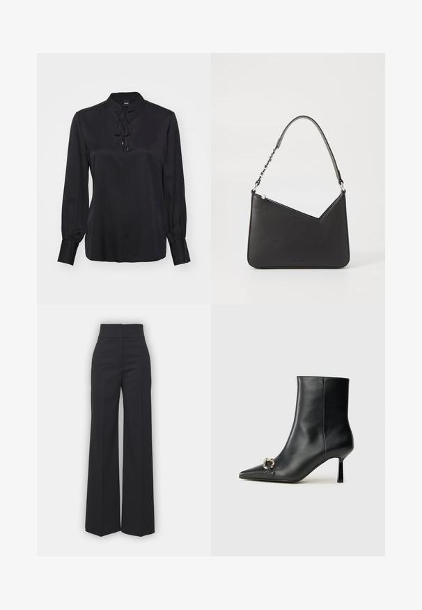 Svart blus med långa ärmar i slät tyg, med ståkrage, knytdetalj vid halsen och åtsittande ärmslut. Minimalistisk design.; Vida byxor i svart tyg med hög midja, med en ren finish och mjuk textur. Ingen synlig hårdvara eller mönster.; Svart läderankelboot med spetsig tå, smal medelhög klack och silverfärgad spänndetalj på sidan mot en enfärgad bakgrund.; Svart läderhandväska med triangulär form, en smal rem och silverfärgad hårdvara. Har dragkedjestängning och logotyp prägling på framsidan.