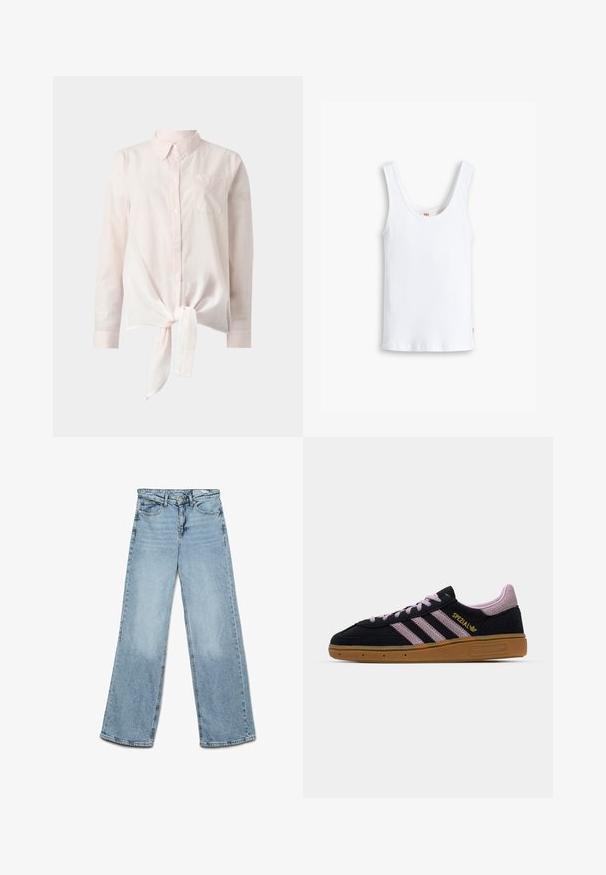 Světle růžová košile s dlouhým rukávem, límečkem a zavázaným předním lemem. Na levé straně se nachází malá kapsa. Pozadí je čistě bílé.; Biely bavlnený tielko so širokými ramienkami, okrúhlym výstrihom a rovnými okrajmi. Na spodnej ľavej strane sa nachádza malá červená nášivka s logom.; Svetlo modré široké nohavice z denimu, s klasickým dizajnom piatich vreciek a rovný strih s minimálnym vyblednutím na nohách.; Čierne a ružové semišové tenisky s gumovou podrážkou, tri ružové pruhy, zlaté označenie "SPEZIAL" a textúrovaná gumená podrážka. Nízky dizajn.