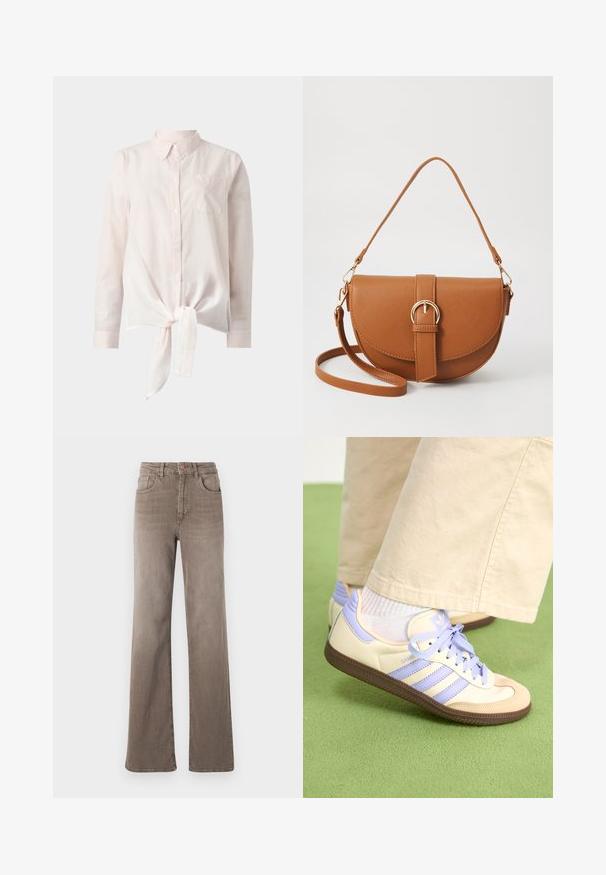 Light pink, long-sleeve shirt with a collar and a tied front hem. Features a small pocket on the left side. Background is plain white.; Brown high-waist straight-leg jeans with front button, belt loops, and classic five-pocket design on a white background.; Cream and lavender sneakers with three stripes and a textured brown sole, featuring laces and a padded heel. Soft fabric upper.; Brown leather crossbody bag with a curved shape, gold hardware, and a buckle accent. Features a detachable shoulder strap.