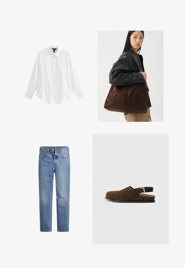 Wit button-up shirt met een puntige kraag, lange mouwen, verticale strepen en een borstzak. De stof lijkt lichtgewicht en gestructureerd.; Lichtblauwe spijkerbroek met een rechte snit, vijf zakken en een knoopsluiting. Heeft subtiele vervaging en oranje stikselaccenten.; Bruin suède instapper met een lage hak, een verstelbare band met een zilveren gesp en een zwarte rubberen zool.; Bruine suède tote bag met een brede vorm en zachte textuur, voorzien van een enkele schouderband en minimale hardware tegen een neutrale achtergrond.