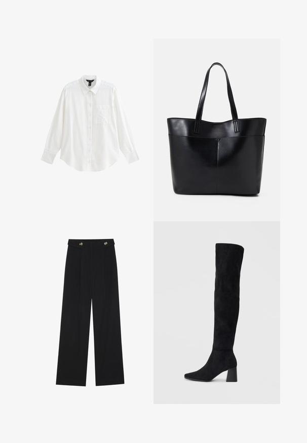 Vit knapp-up skjorta med spetskrage, långa ärmar, vertikala ränder och en bröstficka. Tyget verkar lätt och strukturerat.; Svarta vida byxor med hög midja, knäppdetaljer i midjan och framfickor.; Svarta mocka knähöga stövlar med klack, spetsig tå och slät, sömlös design mot en ljus, enfärgad bakgrund.; Svart läder tote-väska med två långa handtag, en slät yta och en strukturerad form. Har en framficka för extra förvaring.