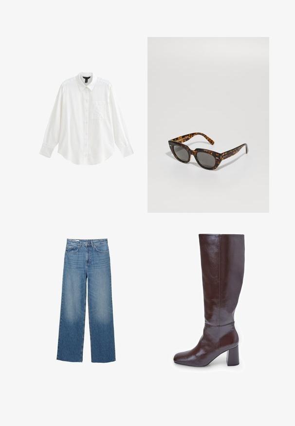 Camicia bianca con colletto a punta, maniche lunghe, righe verticali e taschino sul petto. Il tessuto sembra leggero e con una texture.; Jeans in denim blu chiaro a gamba larga con vita alta, due tasche anteriori e leggere sfumature sulle cosce, dotati di chiusura con bottone e zip standard.; Stivali alti fino al ginocchio in pelle marrone, con punta squadrata e tacco spesso. La finitura è lucida, evidenziando la texture liscia e le linee di design.; Occhiali da sole in tartaruga con montatura angolare e lenti grigie. Presentano una finitura lucida e un marchio discreto sulle aste.