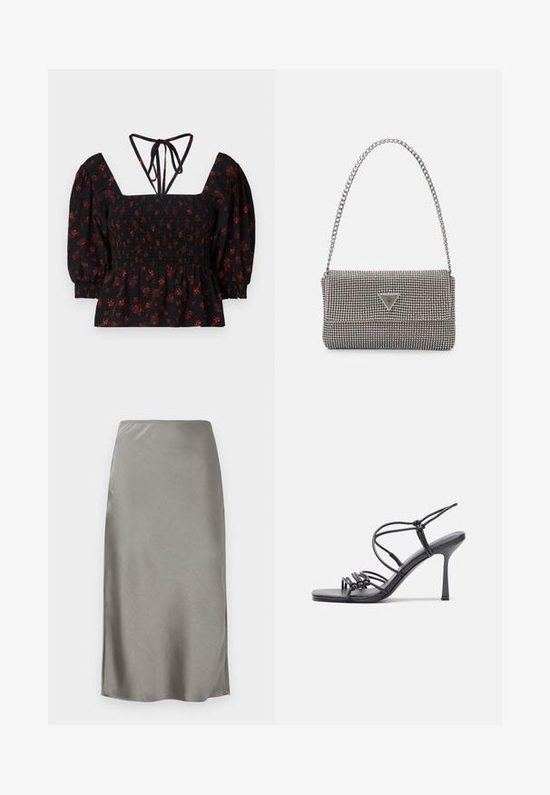 Melnas ziedu raksta blūze ar puffētu piedurknēm, smockētu krūšu daļu, kvadrātveida dekoltē un regulējamiem sasiešanas siksniņām mugurā.; Pelēks satīna midi svārks ar gludu, izlīdzenu tekstūru. Mazie sānu izgriezumi uzlabo kustību. Minimalistisks dizains, pieguļošs viduklis un taisna silueta.; Melnas augstpapēžu sandales ar plāniem siksniņām un mezgla dizainu, gluda kvadrātveida purngalu un elegantu stiletto papēdi.; Gaiši pelēka metāla rokassoma ar ķēdes siksnu, rotāta ar mazām apaļām metāla kniedēm un trīsstūra zīmola logo.; Sudraba riņķveida auskari ar gludu, spīdīgu apdari. Apaļas formas, viegla dizaina, ar aizdari uz stieples.