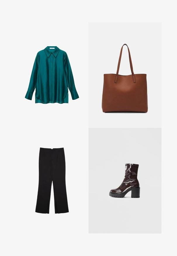 Teal satiinipaita, jossa on terävä kaulus, pitkät hihat ja kaareva helma. Ominaisuuksiin kuuluu napitettavuus edessä ja sileä, kiiltävä pinta.; Mustat housut suoralinjaisella leikkauksella, joissa on etutaskut ja sivurei'ät helman alla. Valmistettu pehmeästä ja sileästä kankaasta. Sopii eri tilaisuuksiin.; Satea bordeaux berwarna mengkilap dengan tumit hitam tebal, menampilkan tekstur halus dan desain sederhana. Tanpa pengikat atau pola yang terlihat.; Ruskea nahkainen olkalaukku, jossa on sileä pinta, avoin yläosa ja kaksi olkahihnaa. Omaavat vain minimaalisen ompelun eikä näkyvää metalliosaa.