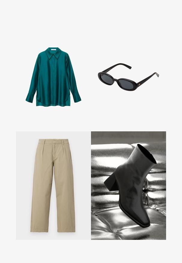 Camicia di raso turchese con colletto a punta, maniche lunghe e orlo curvo. Presenta una chiusura frontale con bottoni e una texture liscia e lucida.; Pantaloni beige a gamba larga in cotone, con vita media, pieghe sul davanti e orli dritti. Tessuto liscio, senza motivi.; Stivale alla caviglia nero realizzato in materiale lucido con punta quadrata e tacco affusolato, posizionato su uno sfondo argentato lucido con imbottiture a sfera.; Occhiali da sole neri oversize con lenti ovali, montatura in plastica liscia e accenti dorati sulle tempie. Le lenti scure offrono protezione dal sole.