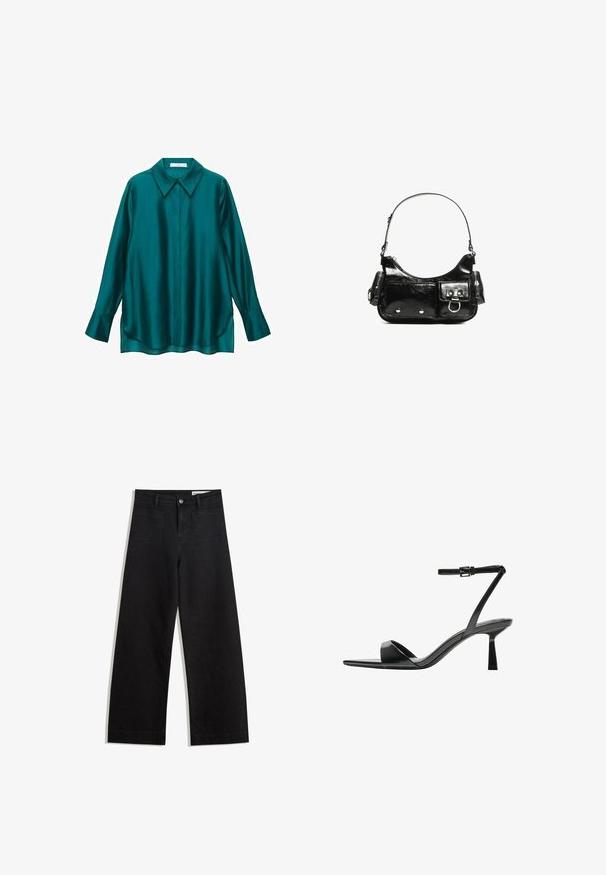Cămașă din satin teal cu guler ascuțit, mâneci lungi și margine curbată. Prezintă un sistem de închidere cu butoni în față și o textură netedă, lucioasă.; Pantaloni din denim negri cu picioare largi, cu talie înaltă, având buzunare frontale și posterioare, cusături dublate și închidere cu nasture. Textură netedă.; Bershka Sandale cu toc - black; Geantă de mână din piele lăcuită neagră, cu o formă curbată, un umăr, buzunare frontale și accente din metal argintiu.