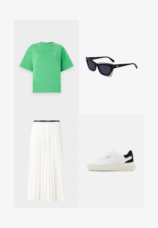 Zöld pamut póló kerek nyakkal, rövid ujjal és laza szabással. Kis fehér logóval a mellkason. Simogatós puha textúra.; Plisszírozott fehér szoknya fekete elasztikus derékkal, amelyen a "LACOSTE" logó található. Középhosszú kialakítás, puha tapintással.; Fehér bőr sportcipők vastag fehér talppal, fekete velúr sarokpikkelyel és dombornyomott logóval az oldalon. Fűzős kialakítás, hat fűzőlyukkal.; Fekete, nagyméretű napszemüveg geometrikus formával, sötét lencsékkel és kontrasztos szürke részlettel a kereten. Logó a szárán.