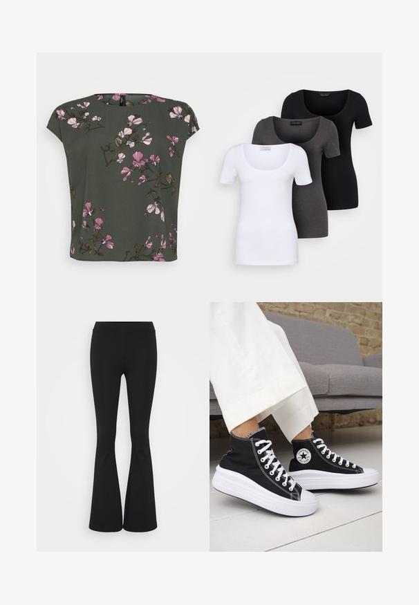 Top de manga curta, verde-oliva, com um padrão floral apresentando flores rosas e brancas. Tecido suave com um corte descontraído e decote redondo.; Três t-shirts ajustadas em branco, cinza e preto. Cada uma possui um decote amplo e mangas curtas. Feitas de um tecido liso e elástico.; Calças pretas de corte alargado feitas de tecido elástico, com uma cintura alta e uma textura suave. As calças alargam-se a partir do joelho.; Ténis pretos de cano alto com solas e atacadores em borracha branca. Apresentam um emblema redondo e costuras contrastantes em branco. Material em lona.