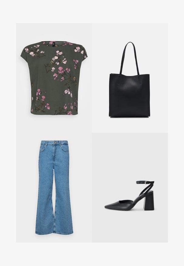 Kortærmet, olivengrøn top med et blomsterprint, der har pink og hvide blomster. Blødt stof med en afslappet pasform og rund halsudskæring.; Lysblå flagrende jeans lavet af denim, med høj talje, fem lommer og en enkelt knaplukning. Blød tekstur med en falmet finish.; Sort læder spidse pumps med ankelrem og en chunky hæl. Flad tekstur, slankt design og minimalistisk æstetik.; Sort læder tote taske med glat tekstur, rektangulær form og to lange hanke. Ingen synlig hardware eller udsmykninger.