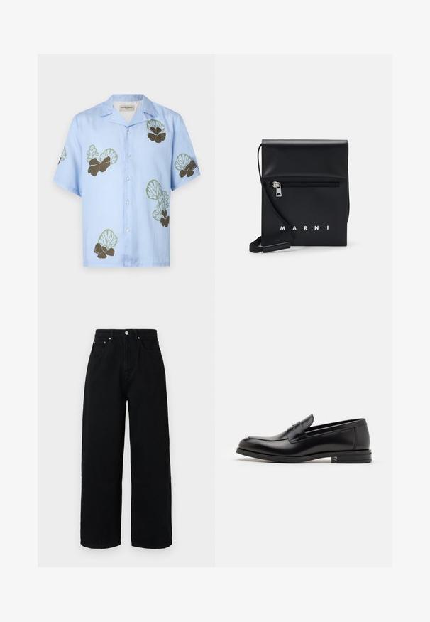 Camicia a maniche corte in tessuto azzurro chiaro con motivi floreali verdi e marroni scuri. Collo classico con bottoni sul davanti.; Pantaloni larghi neri realizzati in cotone, con vita alta, tasche frontali, bottone in tonalità argento e orlo pulito.; Mocassini neri in pelle con una texture liscia, punta arrotondata e una striscia decorativa sulla tomaia. Tacco basso impilato, design minimalista.; Borsa a tracolla in pelle nera con tasca frontale con zip, logo in rilievo e tracolla regolabile. Texture liscia con una forma strutturata.