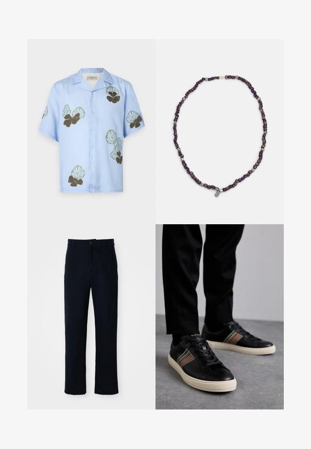 Koszula krótko rękawowa w jasnoniebieskim kolorze z zielonymi i ciemnobrązowymi wzorami kwiatowymi. Klasyczny kołnierzyk z guzikami z przodu.; Granatowe spodnie wykonane z bawełny, z prostą nogawką, z zapięciem na guziki z przodu oraz klasycznym pasem z pętelkami na pasek.; Czarne skórzane sneakersy z wielokolorowymi paskami, okrągłym noskiem i białą gumową podeszwą, z zapięciem na sznurowadła i wytłoczonym logo.; Wielokolorowy naszyjnik z koralików, składający się z ciemnoniebieskich, czerwonych i żółtych koralików, przeplatanych srebrnymi akcentami oraz zwisającym charms'em.