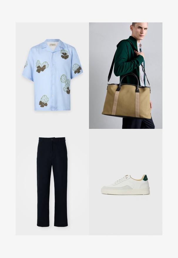 Short-sleeve shirt in light blue fabric featuring green and dark brown floral patterns. Classic collar with buttons down the front.; Navy blue trousers made of cotton, featuring a straight-leg design, a front button closure, and classic waistband with belt loops.; White sneaker with suede accents, rounded toe, flat laces, and a cream rubber sole. Features green branding on the heel.; Canvas tote bag in beige with dark leather accents, featuring dual handles and a detachable shoulder strap; embossed logo detail on front.