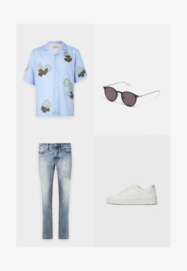 Košile s krátkým rukávem ve světle modré látce, zdobená zelenými a tmavě hnědými květinovými vzory. Klasický límec s knoflíky vpředu.; Světle modré džíny z denimu s vybledlým povrchem, slim fit střih, pět kapes a kontrastní švy.; Bílé kožené tenisky s hladkým povrchem, kulatou špičkou, plochými tkaničkami a texturovanou podrážkou. Na patě se nachází nenápadné logo.; Černé kulaté sluneční brýle s tmavými skly a tenkými kovovými nohami. Obsahují průhledné koncovky nožiček a stříbrné akcenty na pantu. Minimalistický design.