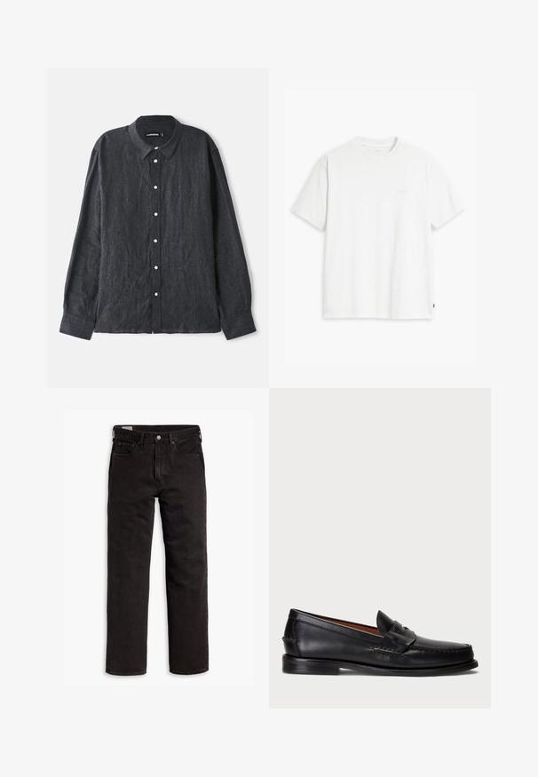 Tmavě šedá lněná košile s dlouhým rukávem a límečkem na knoflíky, která má přední límec s bílými knoflíky a volný střih.; Bílá bavlněná tričko s krátkými rukávy, klasickým výstřihem a decentním logem Levi's vytištěným uprostřed. Měkká textura a standardní střih.; Černé džíny rovného střihu s pěti kapsami, zapínáním na knoflík a poutky na opasek, položené na bílém pozadí.; Černé kožené mokasíny s kulatou špičkou, prošívanými detaily a dekorativním páskem přes přední část. Plochá podrážka s minimálním profilem.