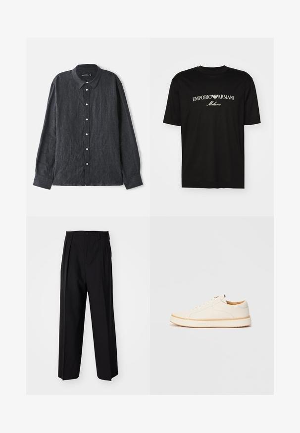 Ciemnoszara lniana koszula z długim rękawem i kołnierzykiem zapinanym na guziki, z przodem wykończonym białymi guzikami oraz luźnym krojem.; Czarny bawełniany T-shirt z okrągłym dekoltem, krótkimi rękawami oraz białym logo "EMPORIO ARMANI" nad napisem "Milano" w zakrzywionym kształcie.; Czarne plisowane spodnie o prostym, szerokim kroju nogawek. Wykonane z gładkiego materiału, z zapięciem na guzik i pętelkami na pasek.; Białe skórzane sneakersy z okrągłym noskiem, prostym systemem sznurowania, wyściełaną wkładką i kontrastującą tanową gumową podeszwą. Gładka faktura na całej powierzchni.