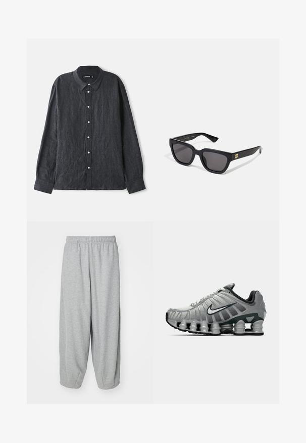 Temno siva lanena srajca z dolgimi rokavi in ovratnikom na gumbe, z obdelanim sprednjim delom in belimi gumbi ter sproščenim krojem.; Svetlo sivi, ležerni trenerke od mehkega blaga. Elastični pas in manšete na gležnjih. Preprost in brez okrasitve dizajn.; Sive in črno Nike tekaška čevelj s vidno vzmetno blaženje pod podplatom in belim logotipom swoosh na strani.; Črna pravokotna sončna očala z gladkim zaključkom, temnimi lečami in zlatim okrasjem na strani, ki vsebuje logo.