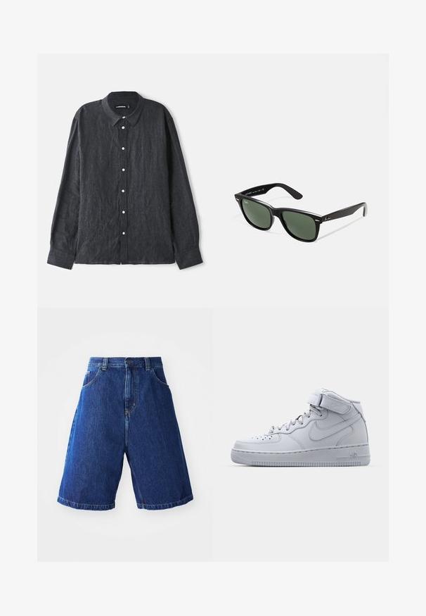 Camisa de linho de manga longa em cinza escuro com colarinho com botões, apresentando uma pala frontal com botões brancos e um corte relaxado.; Calções de ganga com lavagem azul, apresentando uma cintura alta, dois bolsos frontais e costura amarela ao longo das costuras.; Tênis Nike Air Force 1 cinzas de cano alto com parte superior em couro, colarinho acolchoado e uma tira de Velcro. O design icônico apresenta uma caixa de toe perfurada.; Óculos de sol de plástico preto com lentes verdes, armações quadradas, detalhe prateado na sobrancelha e hastes texturizadas. Marca indicada na parte interna da haste.